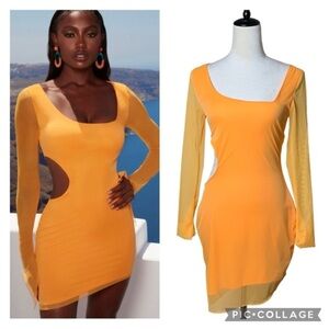 Oh Polly Asymmetrical Long Sleeve Cutout Mesh Bodycon Orange Mini Dress Neon Y2K